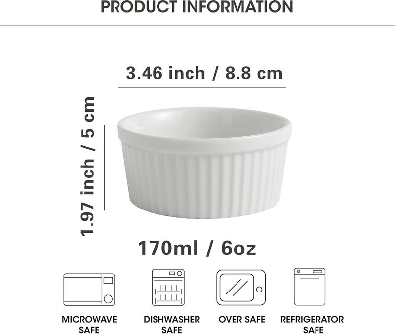 Feenmai Ramekins 6 oz Creme Brulee Ramekins Oven Safe Bowls Set of 6 Small Ceramic Baking Bowls Porcelain Pudding Custard Souffle Bowls Dipping Sauce Bowls White Kitchen Remekins for Baking - Image 2